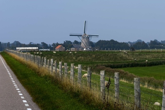 windmill, blue sky, landscape, grass, fence, road, field, outdoor