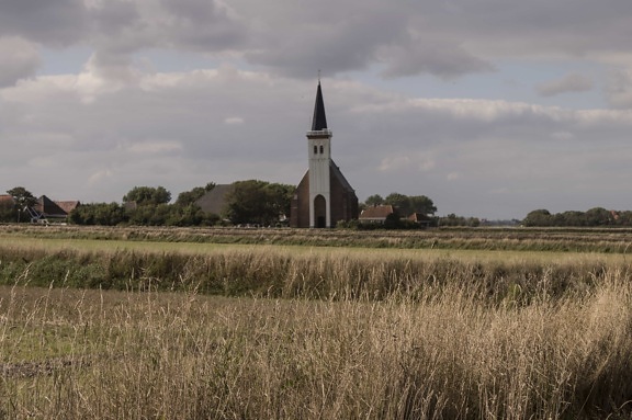 пейзаж, небе, църковна кула, структура, църква, трева, на открито