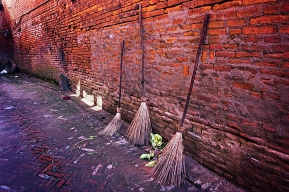 old, wall, broom, tool, garbage, ground, brick, outdoor