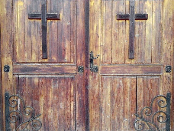 masuk, gagang pintu, pintu, pintu, tua, kayu, gerbang, salib