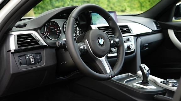 BMW car interior, dashboard, gearshift, vehicle, windshield, speedometer