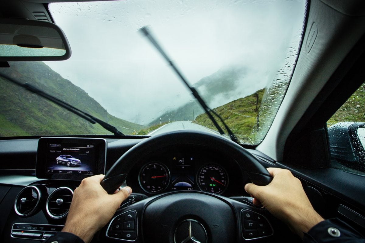 dashboard, car interior, vehicle, windshield, rain, speedometer, driver