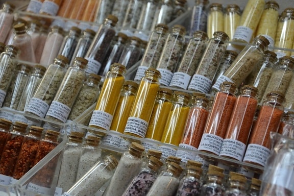 bottle, glass, black pepper, paprika powder, shop, spice, chili, delicious, merchandise