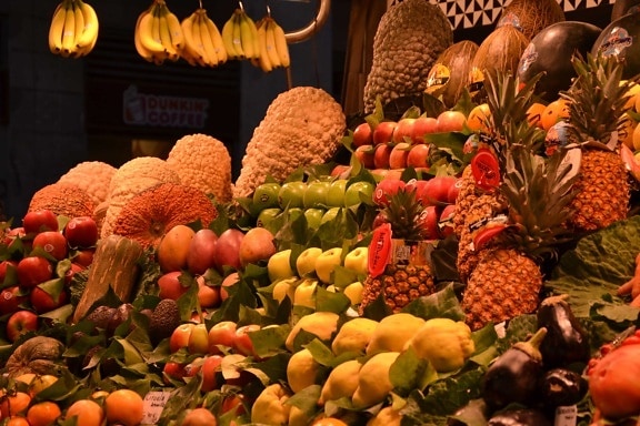 φρούτα, αγορά, τροφή, κολοκύθα, λαχανικό, μπανάνα, διακόσμηση, πολύχρωμο