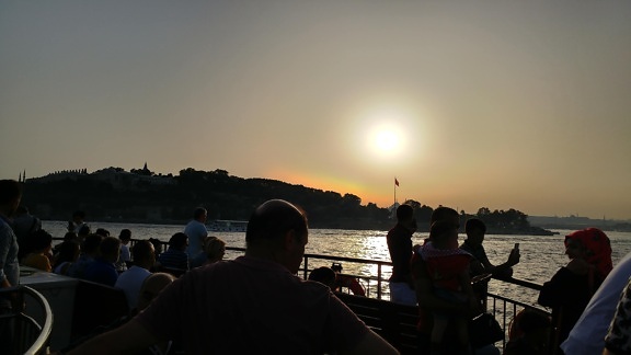 zori, vehicul, lac, oraș, Istanbul, apus de soare, oameni, apă, ambarcațiuni