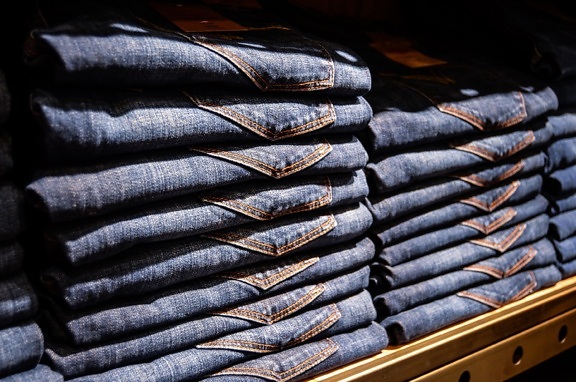 textil, modré džíny, tkanina, nákupy, obchod, police, modrá