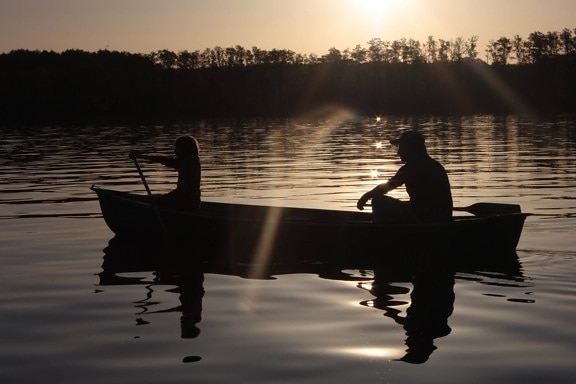 retroilluminato, silhouette, canoa, tramonto, acqua, persone, riflessione, alba, Lago