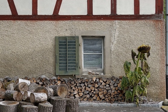 maison, mur, façade, bois de chauffage, architecture, vieux, fenêtre