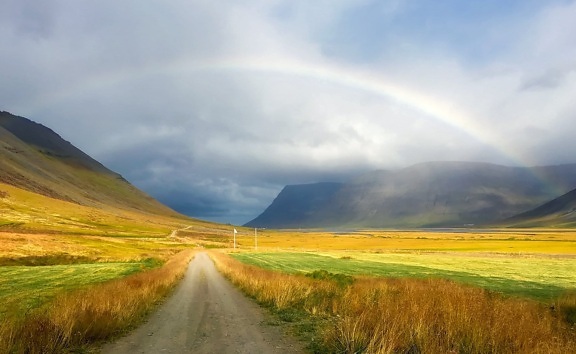 rainbow, landscape, nature, sky, field, grass, meadow, horizon, countryside