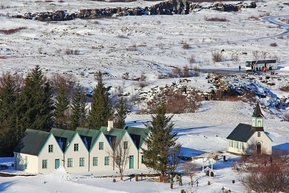 къща, пейзаж, зима, студ, лед, църквата кула, замразени, сняг, вода