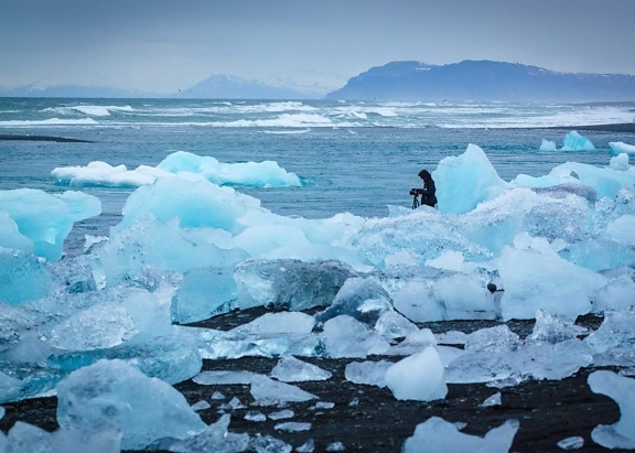 fotógrafo, persona, frío, invierno, agua, congelado, nieve, iceberg, hielo, glaciar