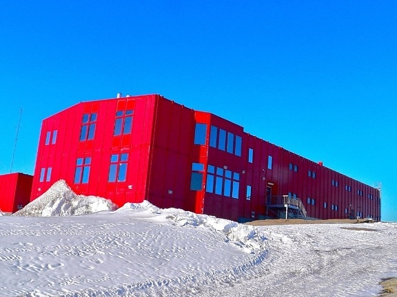 salju musim dingin, langit biru, pabrik, industri, gudang, struktur, Kolam