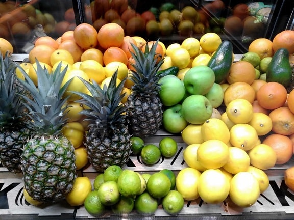 Supermarkt, Obst, Lebensmittel, Markt, Ananas, Zitrone, Orangen, Diät, Zitrusfrüchte, grüne Zitrone