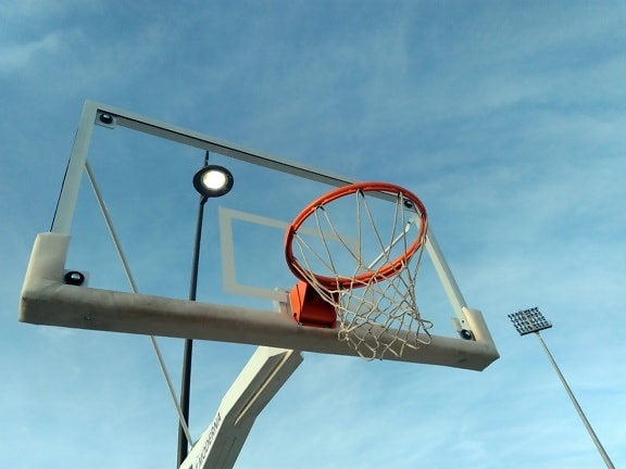 basketball court, blue sky, equipment, outdoor, sport