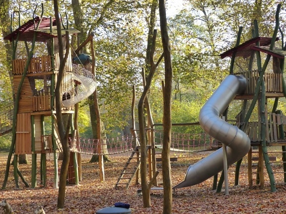wood, wooden playground, tree, outdoor, outdoor, forest, ground, ledder