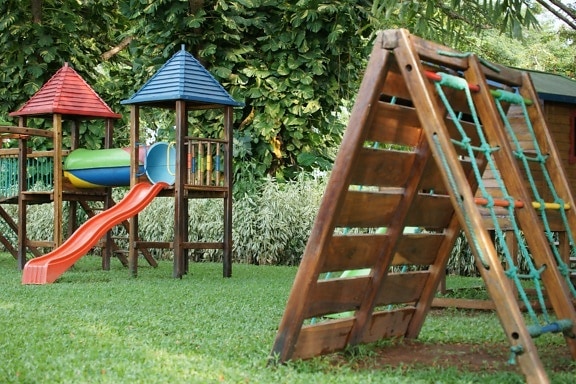 madeira, playground, verão, de madeira, jardim, grama, ao ar livre