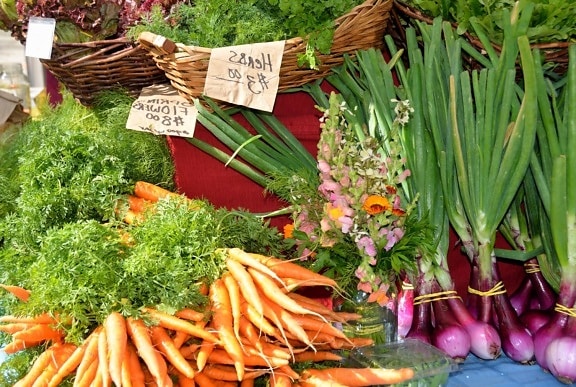 vegetabilske, mat, marked, gulrot, løk, måltid, root, flettet kurv