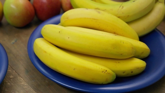 vitamin, táplálkozás, élelmiszer, gyümölcs, sárga banán, kék tál