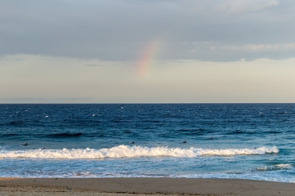 ocean, sea, water, sunset, rainbow, beach, sand, coast, seaside, shoreline
