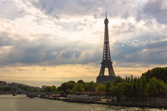 architectuur, Parijs, Frankrijk, water, zonsondergang, lucht, toren, reizen, toerisme