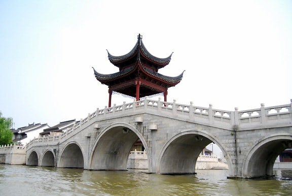 Kina, Asien, vartegn, himmel, vand, gamle, arkitektur, by, bro, flod, kanal