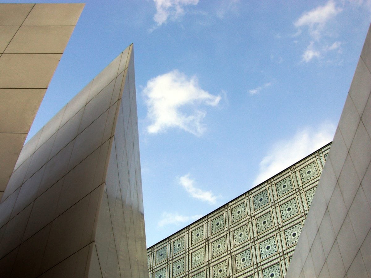 blue sky, downtown, city, futuristic architecture, modern, contemporary
