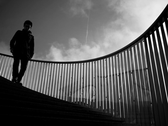 monochrome, staircase, stairway, people, structure, city, girl, silhouette