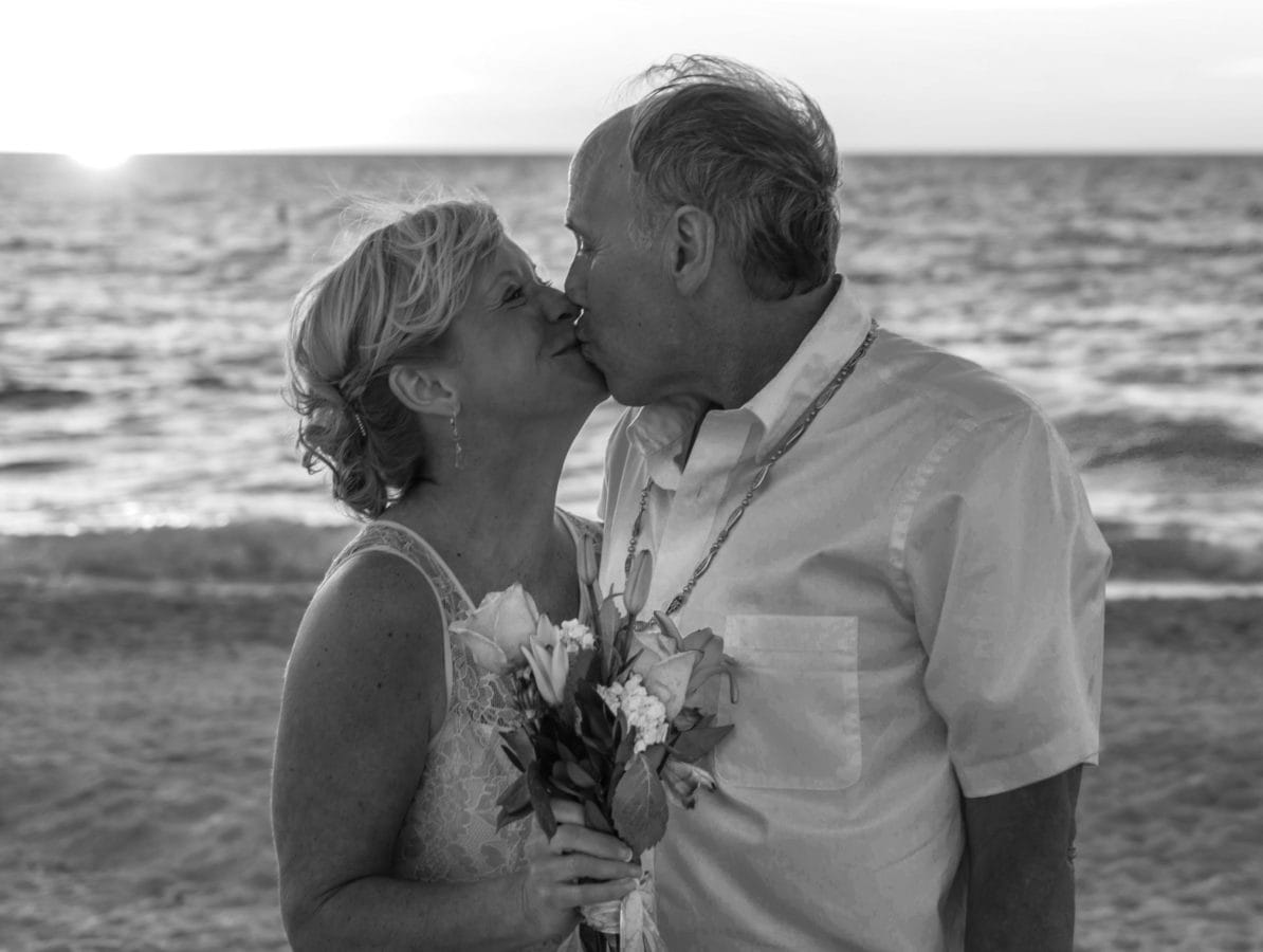 beach, bride, grandfather, grandmother, groom, kiss, love, sea