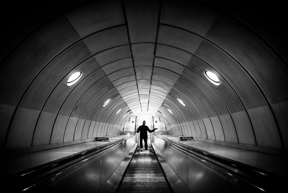 지하철 역, 도시, 흑백, 통로, 터미널, 터널, 관점, 어두운