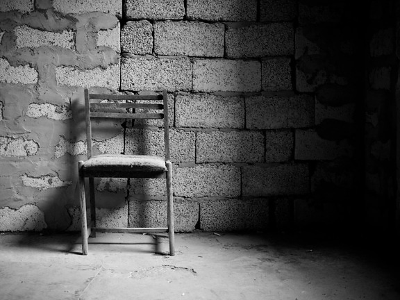wall, chair, monochrome, old, cement, concrete, street, room