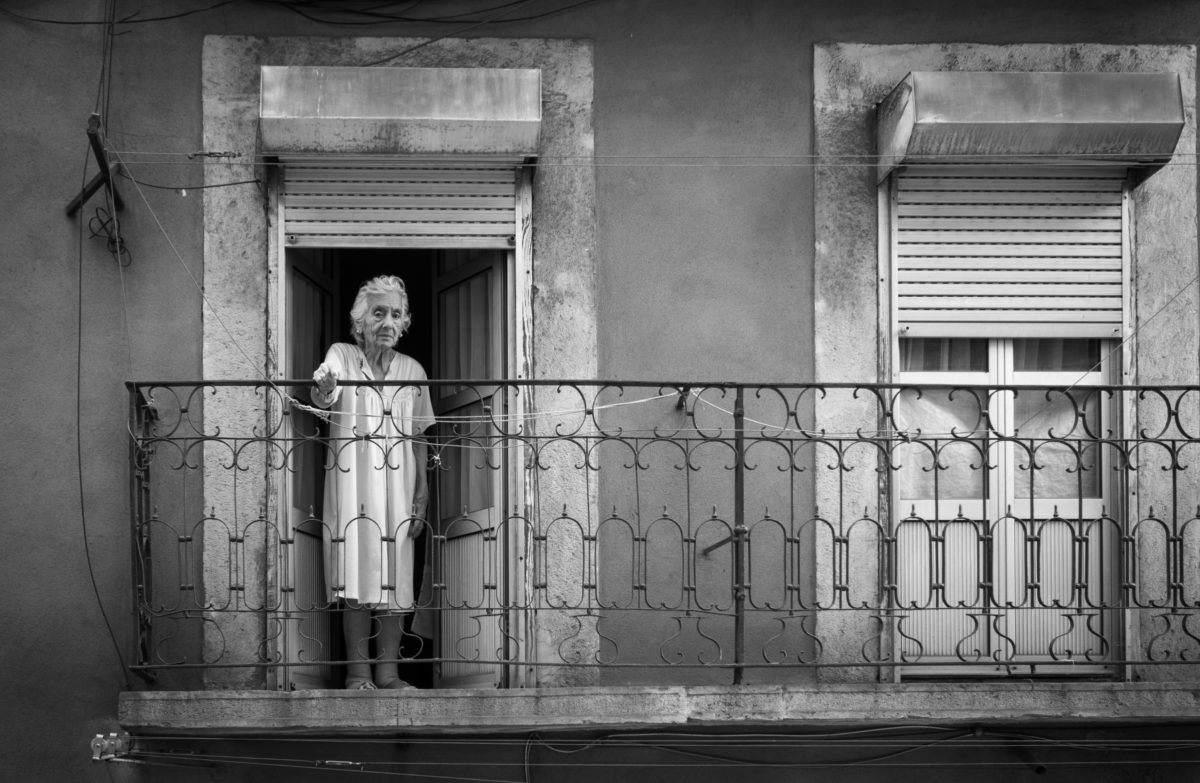 balcony, exterior, grandmother, pensioner, architecture, building, people, monochrome