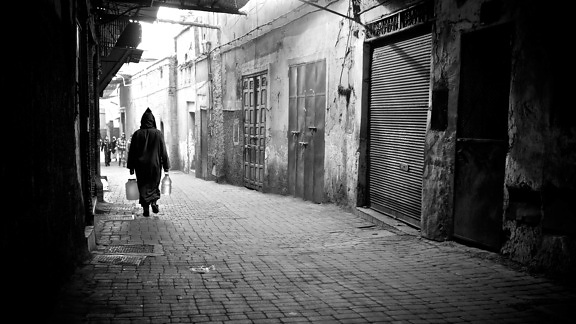 alley, monochrome, street, people, pavement, city, shadow, town