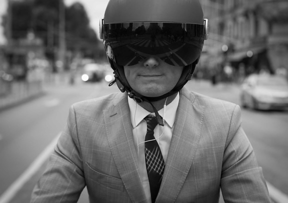 capacete, moto, motociclista, preto e branco, rua, pessoas, retrato, homem