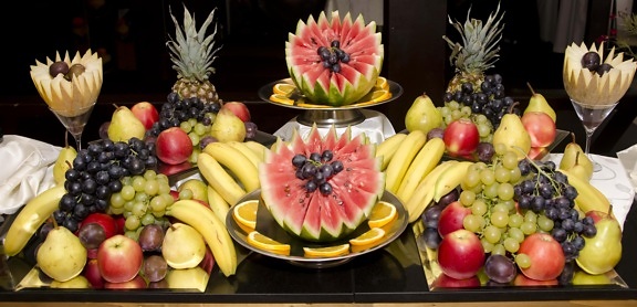 decoratie, voedsel, ananas, banaan, vrucht, meloen, druif, perzik