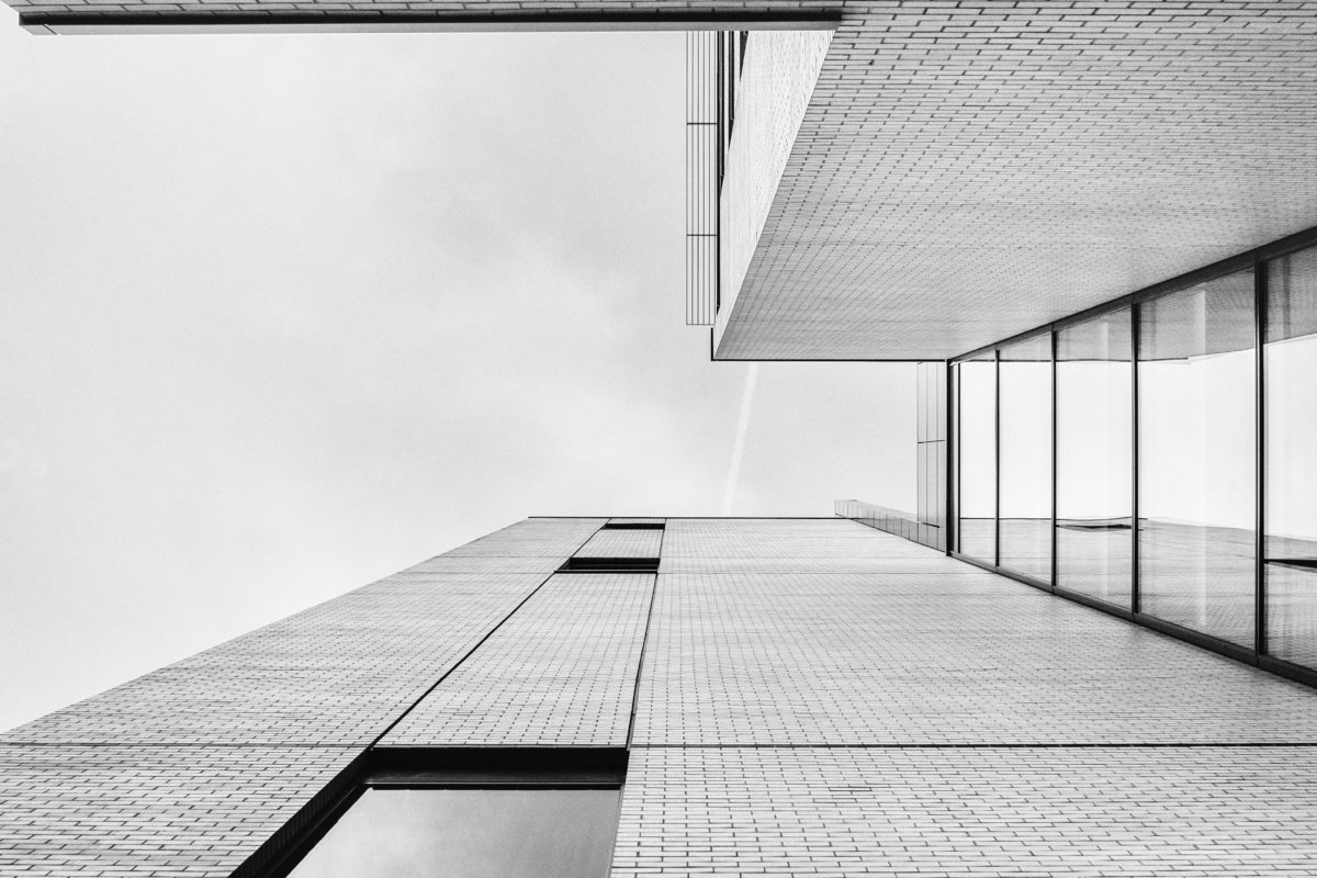 černá a bílá, černobílý tisk, perspektiva, okno, mrak, budova, moderní, architektura