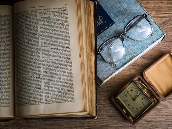 clock, eyeglasses, paper, literature, page, book, old, education