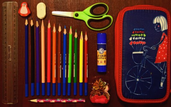 iskola, oktatás, rajz, ceruza, fa, olló, berendezések, asztal
