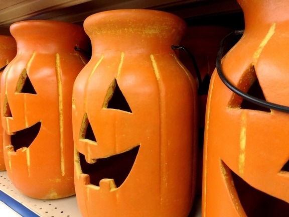 keramik, Halloween, pumpa, inomhus, traditionella, lykta, behållare, stilla liv