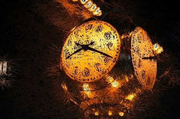 horloge, montre, temps, horloge analogique, lumière, Or, art, décoration