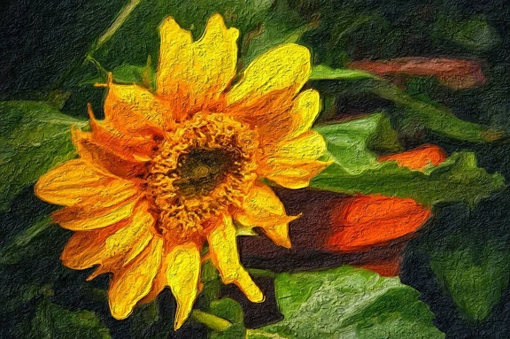 bildkonst, oljemålning, blomma, solros, gul, sommar, fältet, kronblad