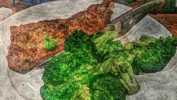 Belle arti, tavolo da cucina, coltello, pittura a olio, broccolo, orizzontale, vegetale, cibo