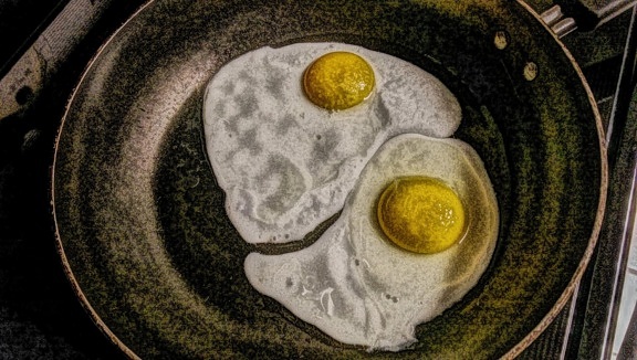 egg, egg yolk, fine arts, kitchen, kitchenware, oil painting, pan, food