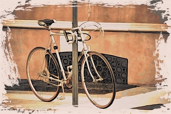 Mỹ thuật, tranh sơn dầu, bức tranh, xe đạp, gỗ, xe đạp, chu kỳ, chỗ ngồi