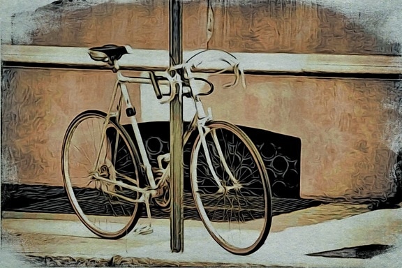 fine arts, nostalgia, oil painting, vintage, wood, bicycle, seat, old