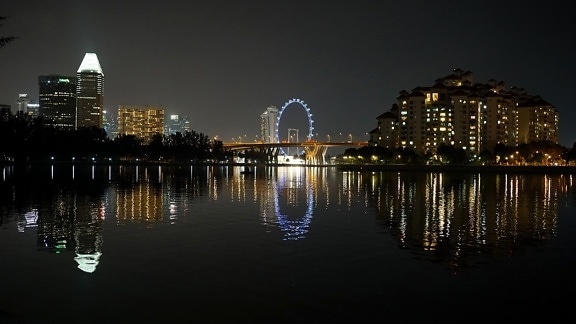 нощ, панорама, туристическа атракция, град, брегова, вода, река, кей