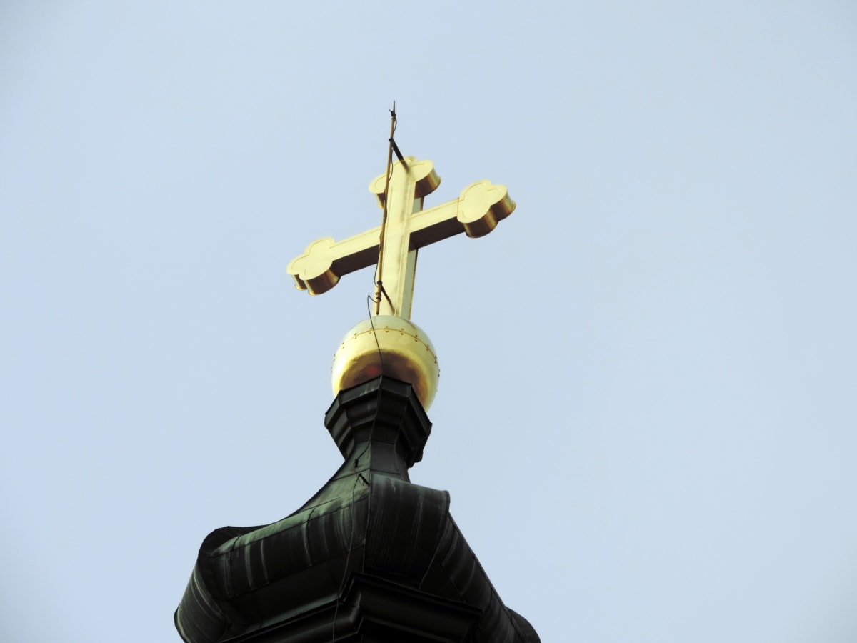 blue sky, church tower, cross, gold, architecture, device, statue, religion