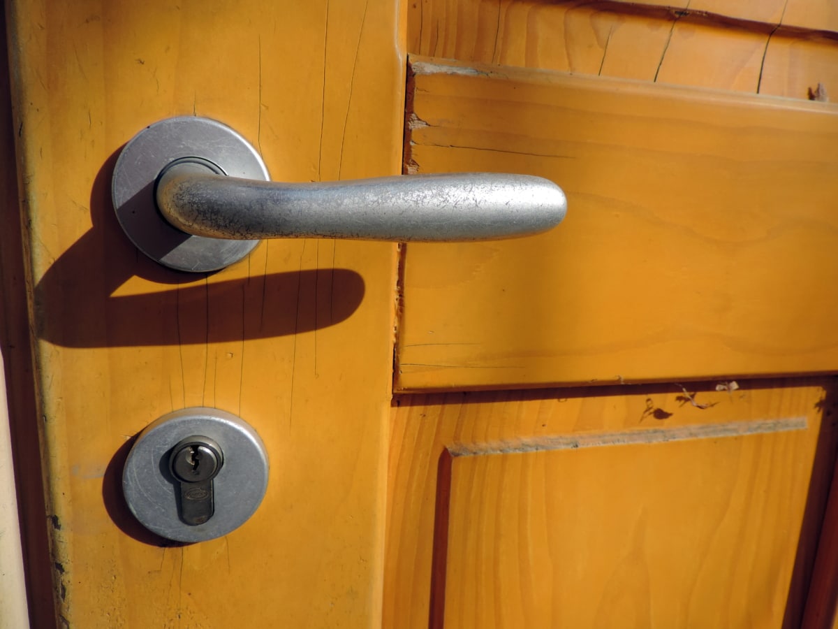 pintu depan, lubang kunci, pintu, kunci, kayu, perangkat, keamanan, menangani