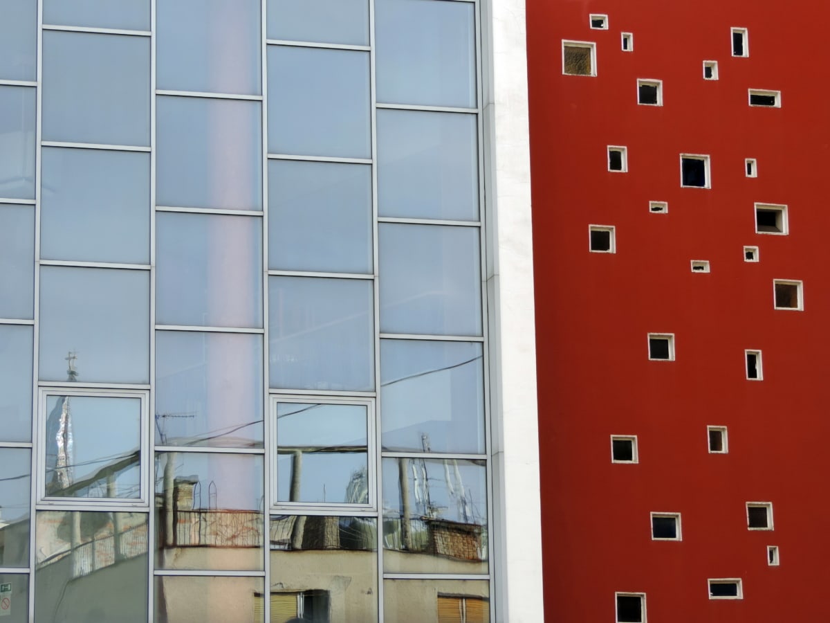 facade, futuristisk, moderne, perspektiv, rød, refleksion, væg, arkitektur
