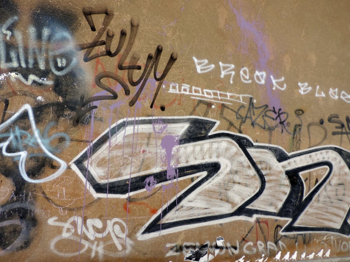 Graffiti, décoration, signature, vandalisme, pulvérisation, rue, mur, peinture murale