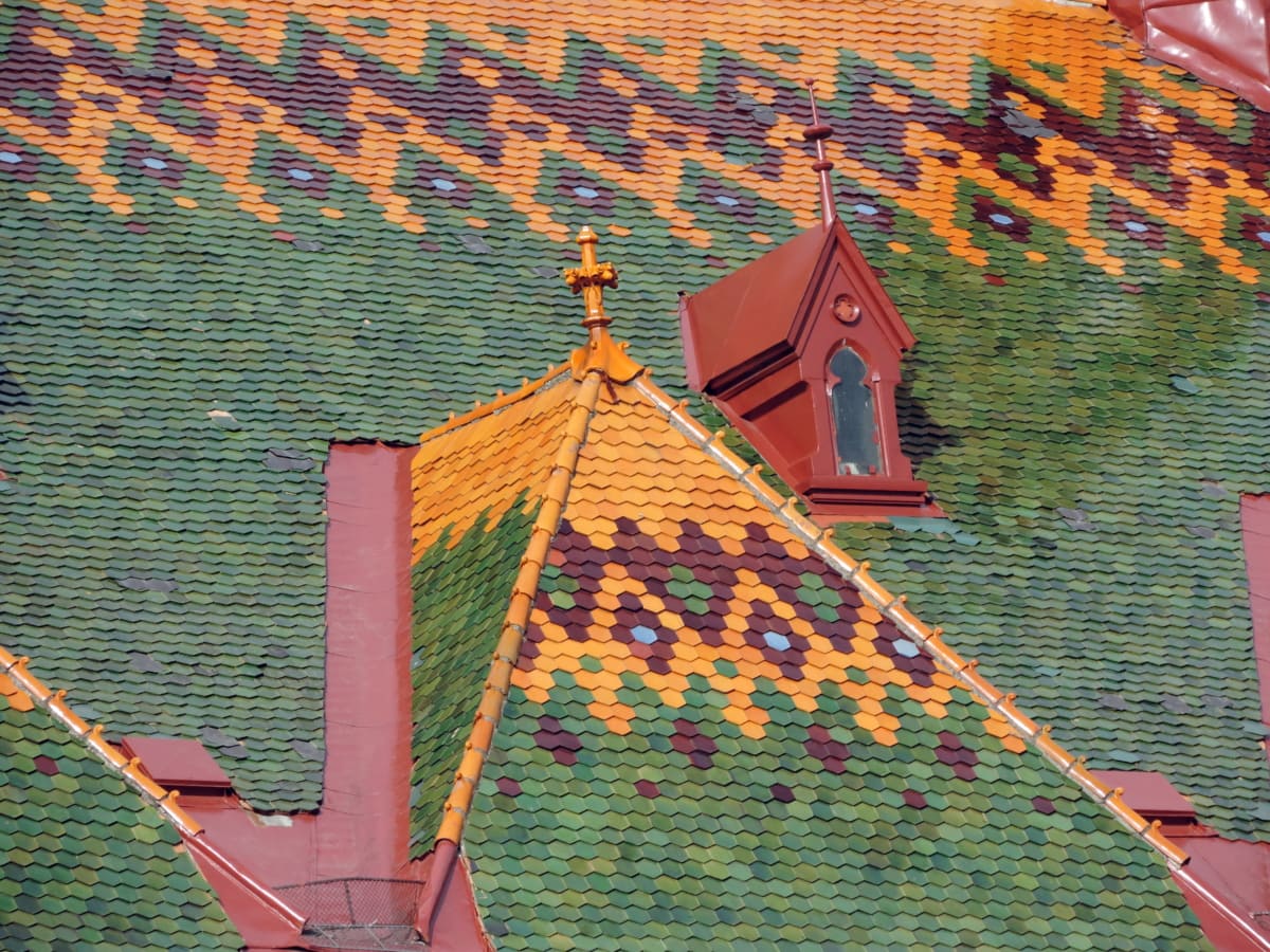 Kathedraal, kleurrijke, detail, mijlpaal, dak, op het dak, gebouw, bekleding
